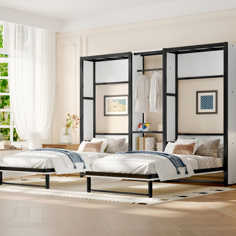 Lit simple, conception pliable 2 en 1, structure en métal blanc, garde-robe, tablettes et prise de courant pour espaces polyvalents