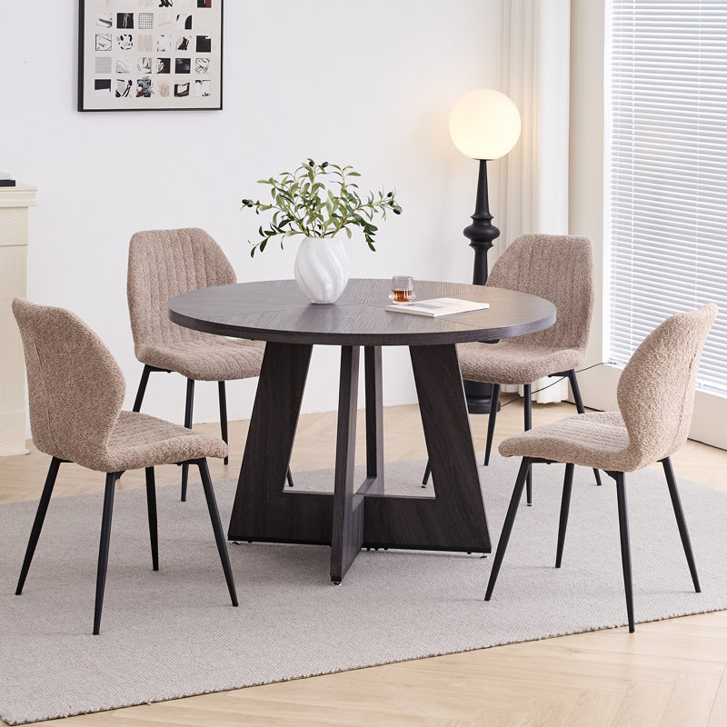 5 Piece 47'' Round Dining Table Set For 4, Farmhouse Kitchen Table With 4 Boucle Modern Dinning Room Chairs, Gray
