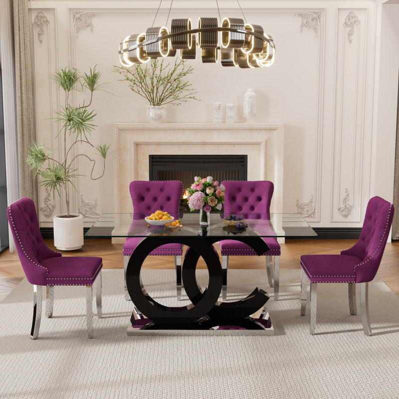 Ensemble de salle à manger rectangulaire L 63 po x l 35,43 po Hyri, Mauve, Noir, noir, noir, noir