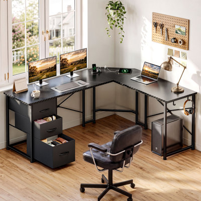 Bureau d'ordinateur d'angle avec éclairage à DEL, 3 tiroirs en tissu pour économiser de l'espace avec multiprise pour bureau à domicile, jeu Stand Support pour écran disponible）