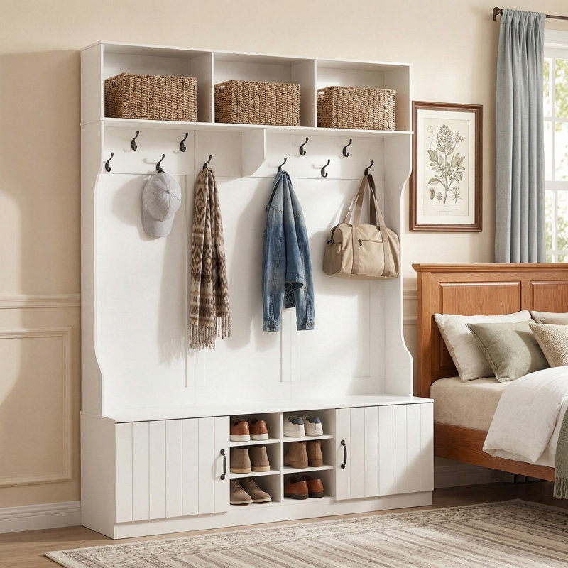 59" Wide 6-In-1 Multi-Functional Hall Tree, Padded Seating Bench & Spacious Storage Zones, Anti-Tip Design Suitable For Mudroom, Entryway