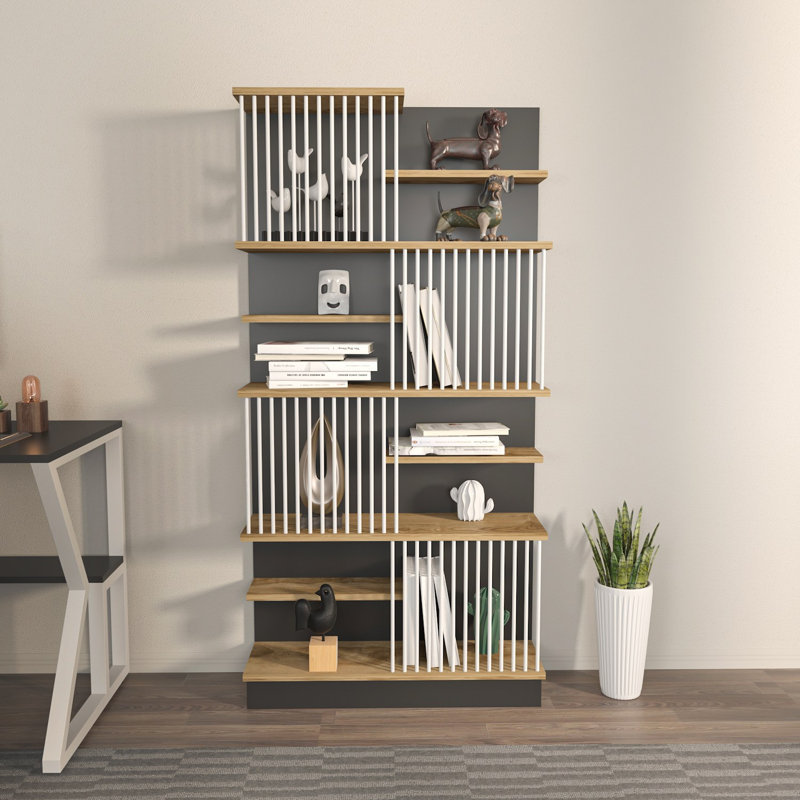 Bibliothèque élégante, noir et chêne, 31,5 po x 63,0 po x 9,7 po | 100% panneau de particules enduit de mélamine, épaisseur: 0,7 pouce | Conception moderne pour la maison ou le bureau, solution de rangement durable et élégante, assemblage facile