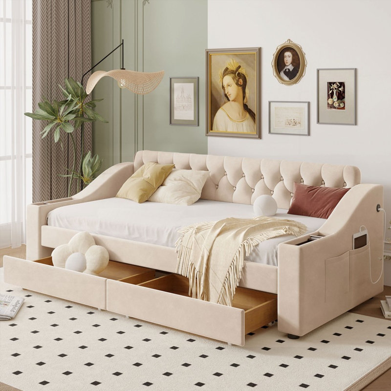 Lit de jour simple rembourré avec rangement Ports USB, beige - robuste et amp; Peu encombrant, Beige