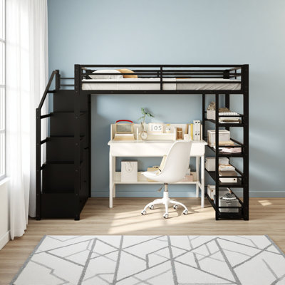 Lit mezzanine en métal avec tablettes de rangement