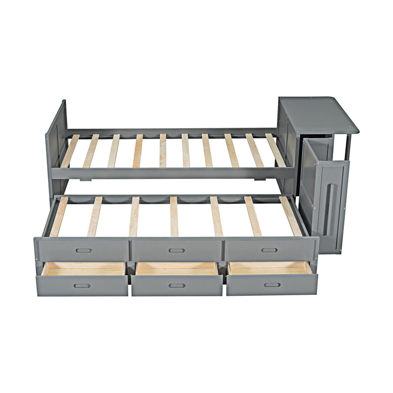Lit plateforme simple en bois avec bureau et lit gigogne intégré, gris