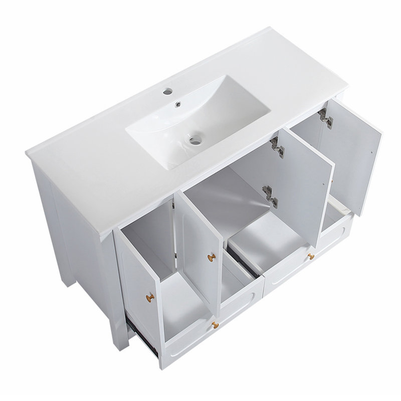 Meuble-lavabo 48 po avec lavabo en céramique, 4 portes à fermeture douce et 2 tiroirs, Blanc