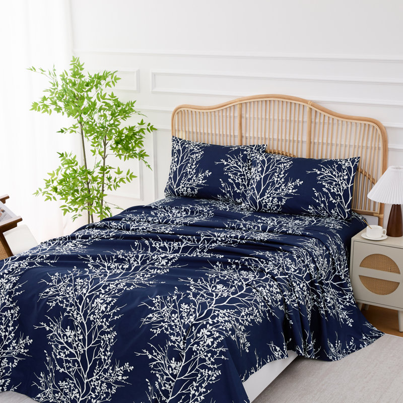 Ensemble de draps en microfibre Foliage, Ensemble de draps pour lit simple avec un drap-hou, Bleu marine / Ivoire