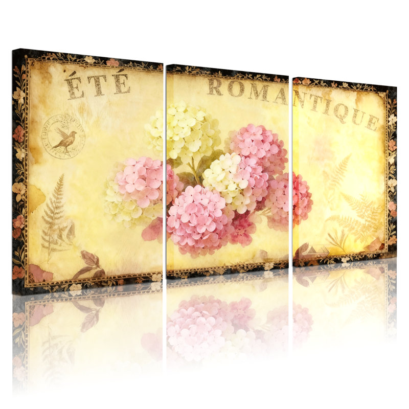 Hydrangea, romantique, été, motif floral rétro, ensemble de 3 impressions sur toile, H 24 po x l 48 po