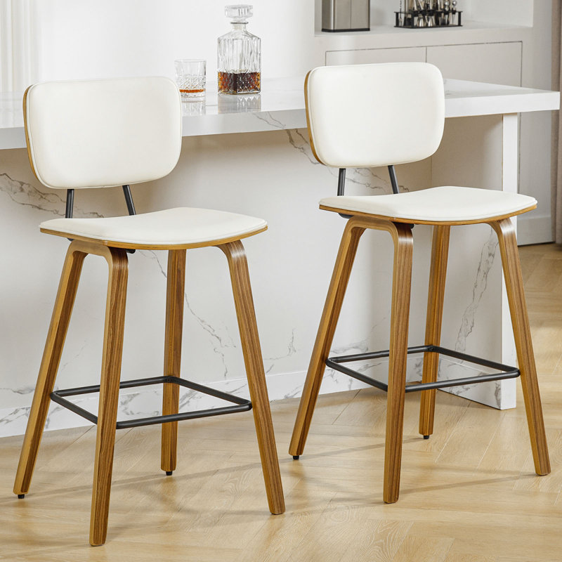 Cream PU Leather Upholstered Counter Stools with Walnut Wood Legs