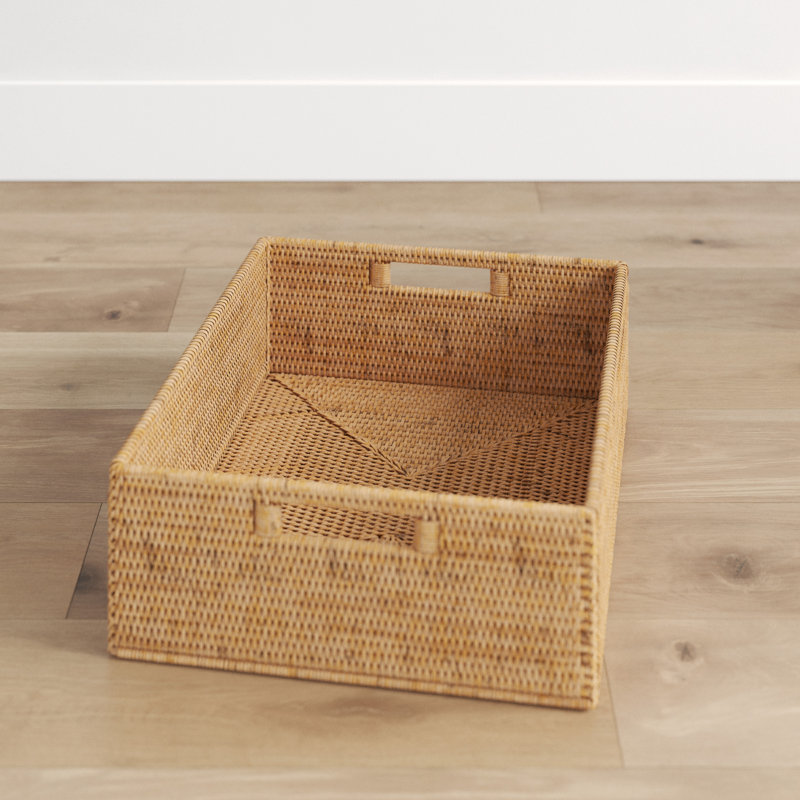 Honey Brown Rectangular Rattan Storage Basket with Cutout Handles