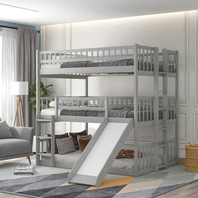 Full-Over-Full-Over-Full Triple Bed With Built-In Ladder And Slide , Triple Bunk Bed With Guardrails