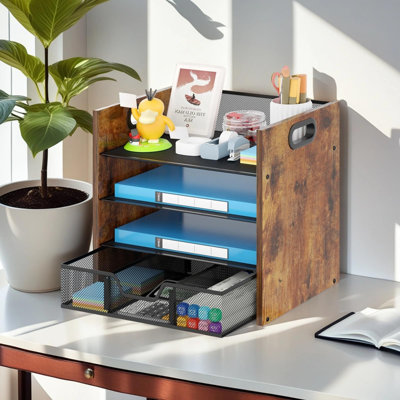 Rangement à 4 niveaux pour bureau, tiroir et plateau à papier