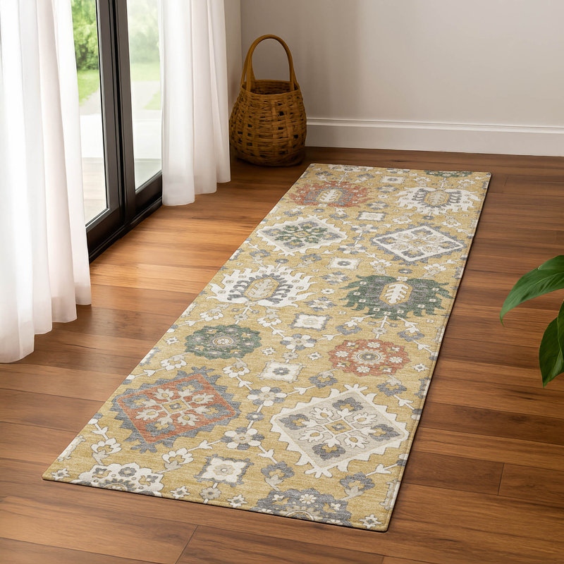 Premium Machine Washable Mayfield AMF2200 bohemian Rug, Gold, 2'3" x 7'6" Runner