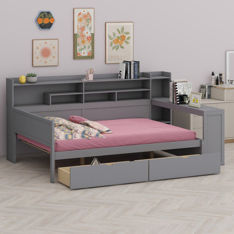 Lit de jour en bois avec tablettes de rangement, deux tiroirs de rangement et bureau d'étude, Gris