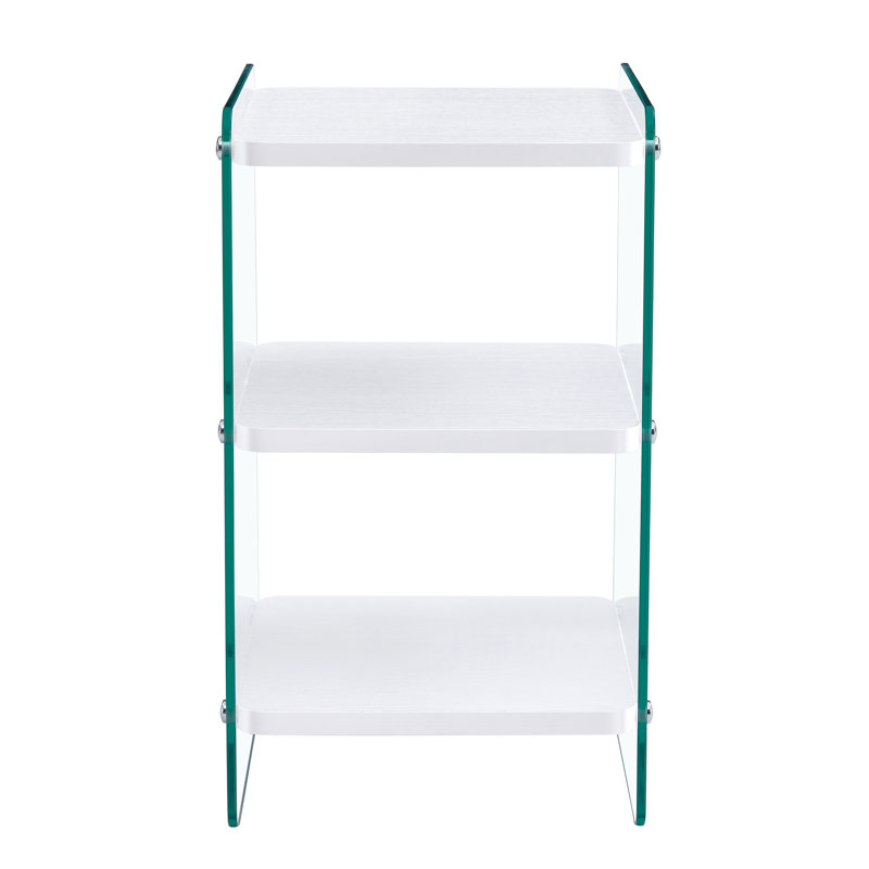 Three-tier bedside table: mdf top with white stickers, transparent tempered glass sides, simple design with storage (112 characters)