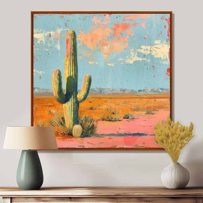 Cactus rétro rose du sud-ouest - Cactus, art mural, Toile avec cadre flottant brun, H 16 po x l 16 po x P 1 po