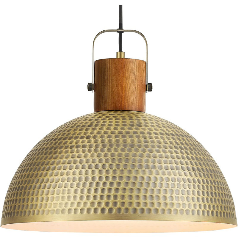 Grand luminaire suspendu martelé de 16 pouces en bois de frêne avec lampe en dôme rétro en métal doré antique