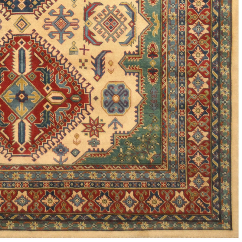 Tapis unique en laine noué à la main de style Kazak rouge / brun / ivoire de 9 pi x 12 pi Jevon