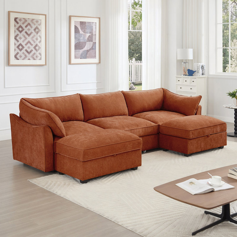 Canapé U_Shape 3 places à assise profonde avec repose-pieds, canapé 3 places avec 2 repose-pieds mobiles, canapé modulaire modulaire avec tiroir de rangement sous chaque siège, chenille