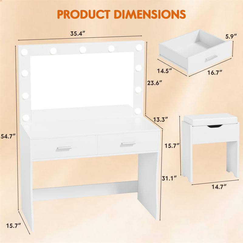 Ensemble de meuble-lavabo 35,4 po avec tabouret et miroir, Blanc