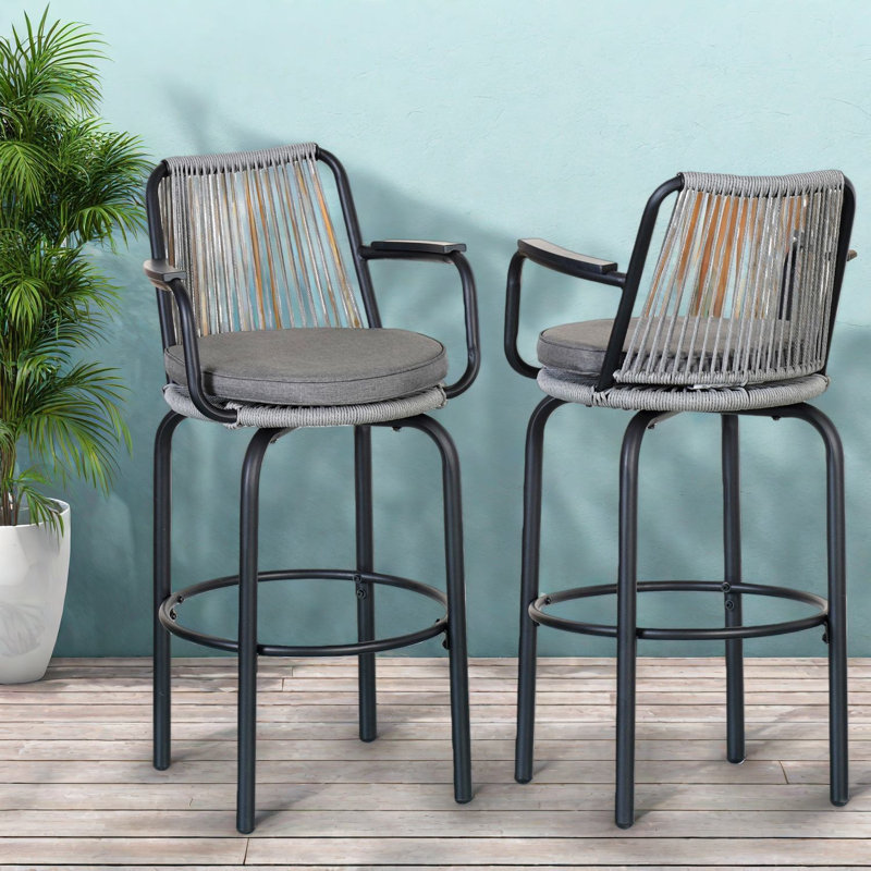Modern Patio Bar Stools Set Of 2, Metal Rattan Chairs For Kitchen Patio