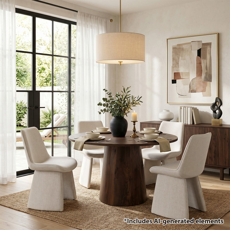 Ensemble de salle à manger rond en noyer 5 pièces avec piédestal et chaises latérales rembourrées, Beige