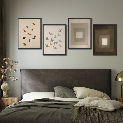 Oies volantes, ensemble de 4 reproductions d'art encadrées - Oiseau minimal pour un bureau de salon