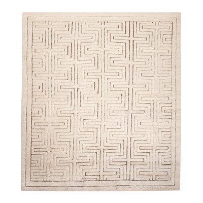 Tapis géométrique beige / vert olive en laine noué à la main Lisbon