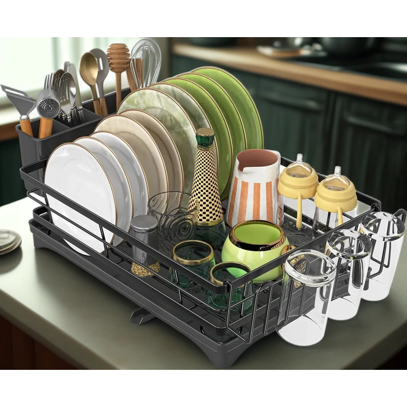 Égouttoir à vaisselle en acier inoxydable pour comptoir de cuisine avec porte-ustensiles et bec de drain réglable, organisateur d'évier compact avec ramasse-gouttes