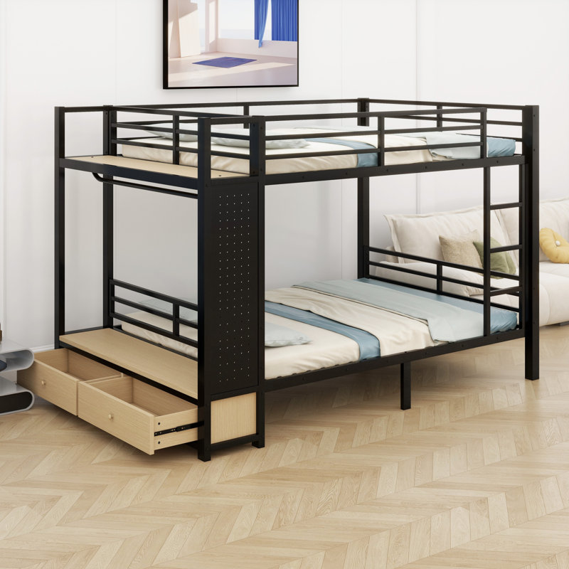 Lit superposé en métal pour les adolescents avec tablettes de rangement, tiroirs et panneau perforé, Grand sur grand
