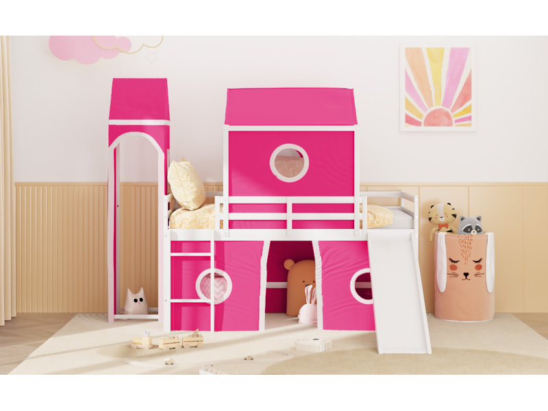 Lit mezzanine simple avec glissoire, tente et tour rose - Rose, Rose