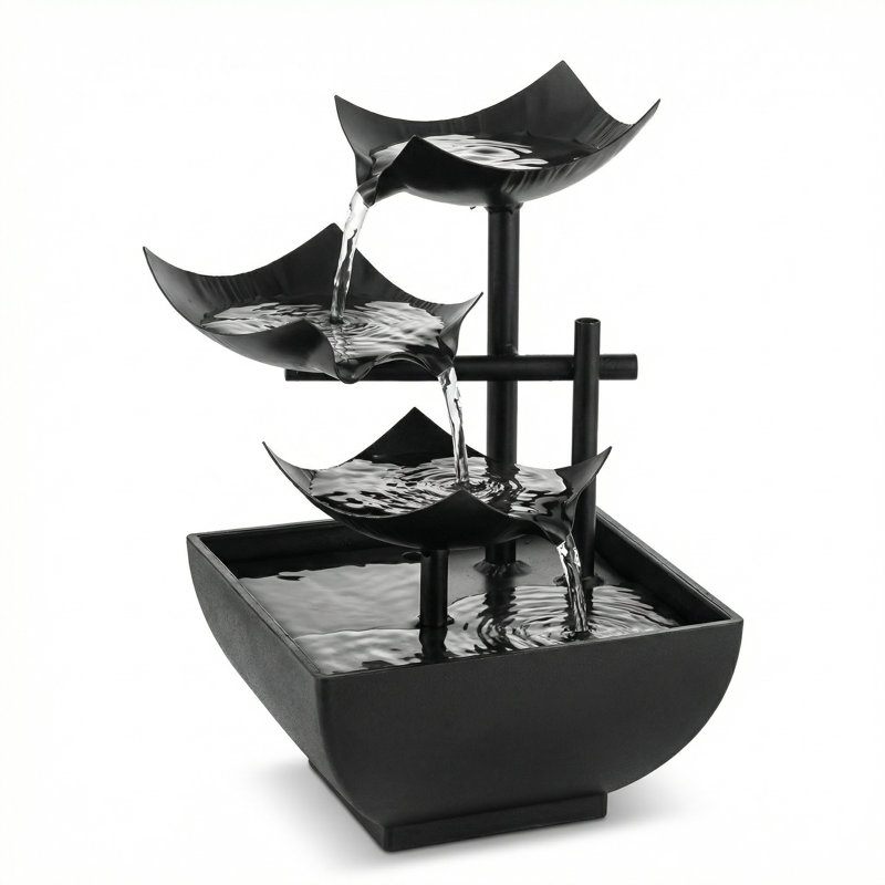 USB-Powered 3-Tier Black Cascade Tabletop Fountain with LED Light, Black