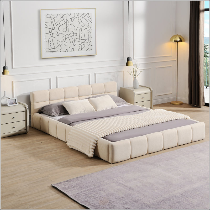 Lit tapissier élégant en chenille beige avec motif damier