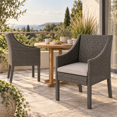 Ensemble de 2 chaises de salle à manger d'extérieur en osier de polyéthylène tressé à la main gris tissé à la main robuste avec cadre en acier thermolaqué