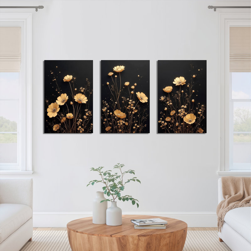 Art floral doré doré sur toile tendue, reproduction de peinture à l'huile abstraite (ensemble de 3), H 30 po x l 60 po