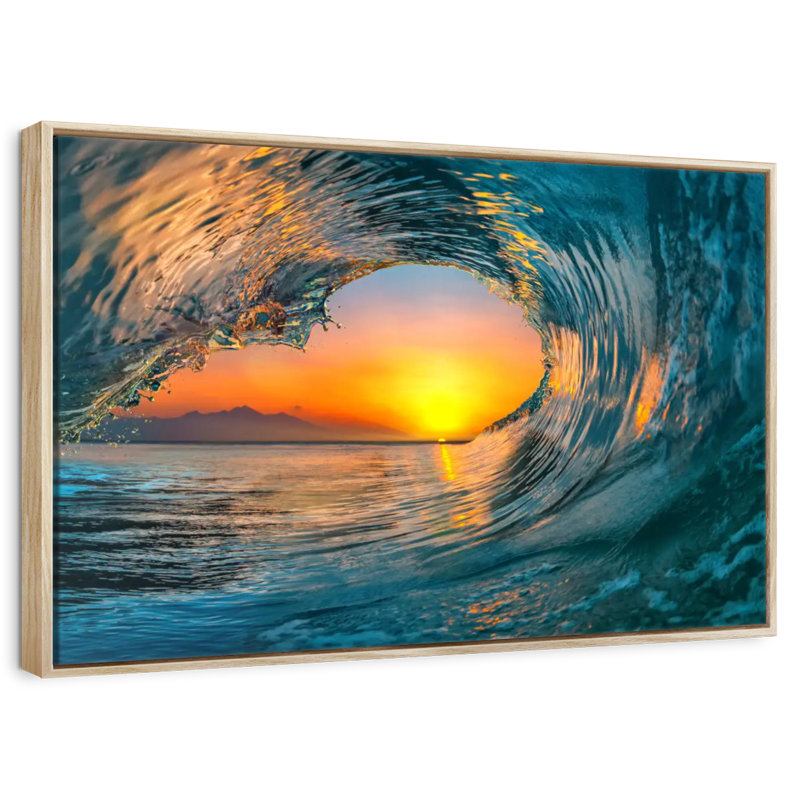 Ocean Wave Curl, Cadre flottant en bois naturel, 40 po x 27 po