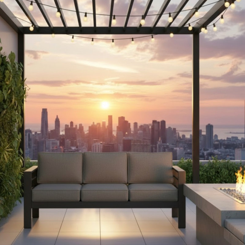 Canapé de patio 75 po 3 places toutes saisons en métal avec coussins et structure épais, Gris