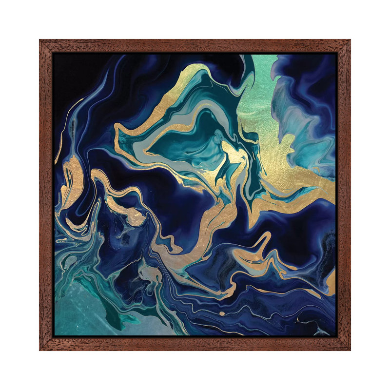 Dramaqueen - Gold And Indigo by Monika Strigel - Floater Frame Print on Canvas, 45.72 cm H x 45.72 cm W, Brown Framed