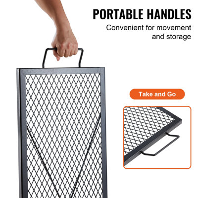 X-Marks Fire Pit Grill Grate, Rectangle Cooking Grate, Heavy Duty Steel Campfire BBQ Grill Grid with Handle & Support X Wire, Portable Camping Cookware for Outside Party Gathering, 44 Inch Black
