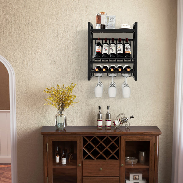 Belfry Kitchen Benfer Hanging Wine Bottle & Glass Rack in Black/Brown ...
