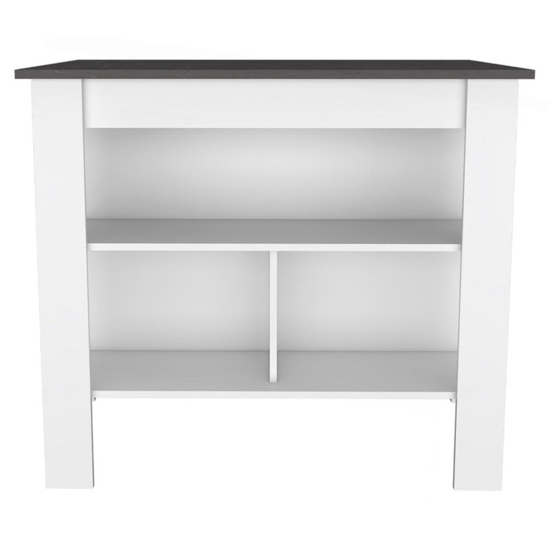 Îlot de cuisine, table de cuisine H 35 po, quatre pieds, trois tablettes de rangement ouvertes, Blanc / Brun foncé