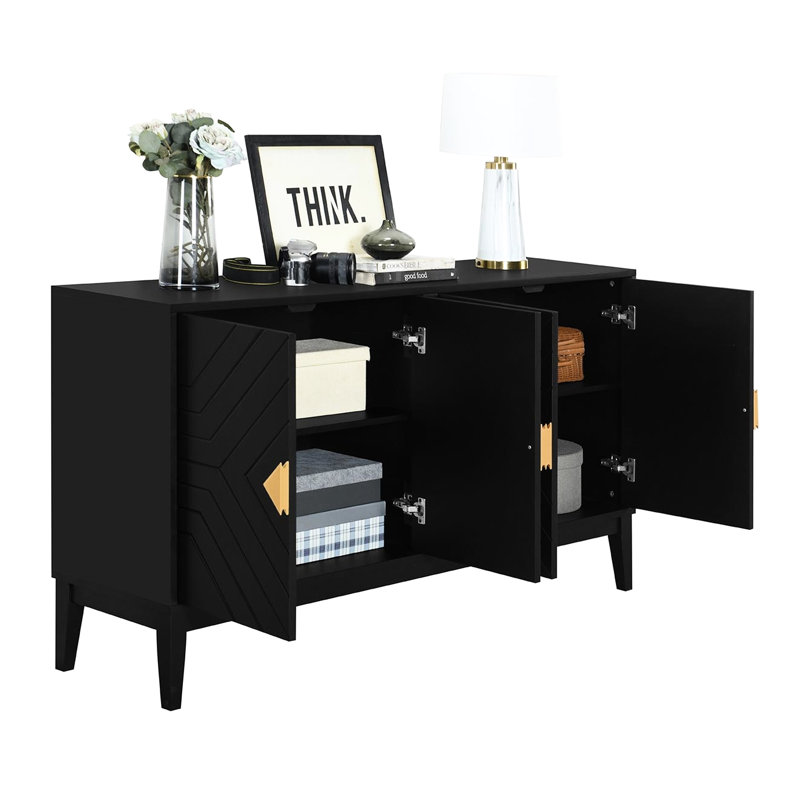 Black Sideboard Storage With 4 Doors. Solid Wood & Material. Adjustable Shelves. Charming Gold Handles. Ample Capacity 4-Door For Dining Room. Black. . Shelf. Stylish Area