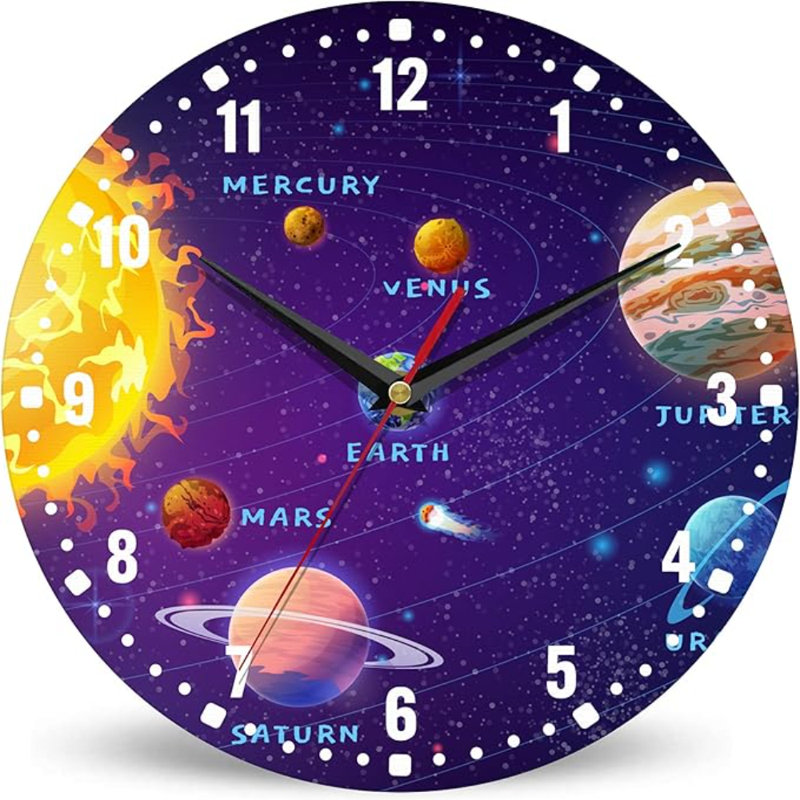 Spunker horloge murale, système solaire horloge murale 10 pouces, planètes Sun Earth petites horloges murales à piles décoratives pour cuisine / salon / chambre / salle de bain / salle à manger