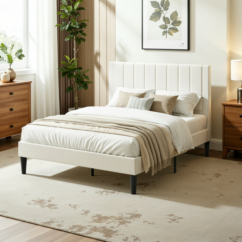 Modern Upholstered Platform Bed With Seamless Headboard, No Box Spring Needed, Full Size, Queen Size, King Size, Full, White
