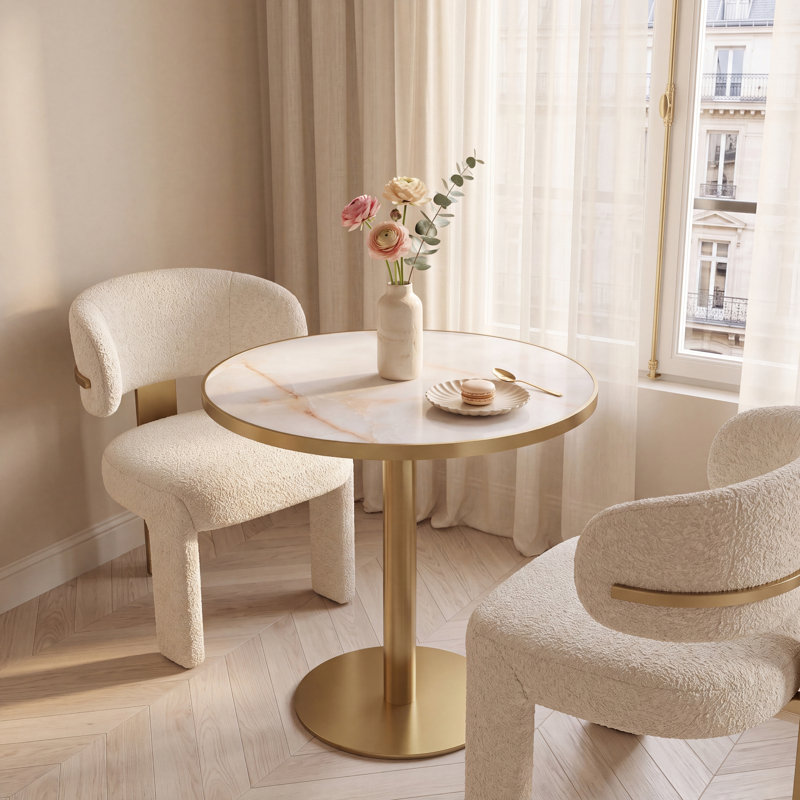 Table de salle à manger ronde en pierre frittée avec base en métal doré, Ivoire ivoire