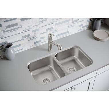 Stylish S-202XTG 32 Low Divider Double Undermount and Drop-In Kitchen Sink