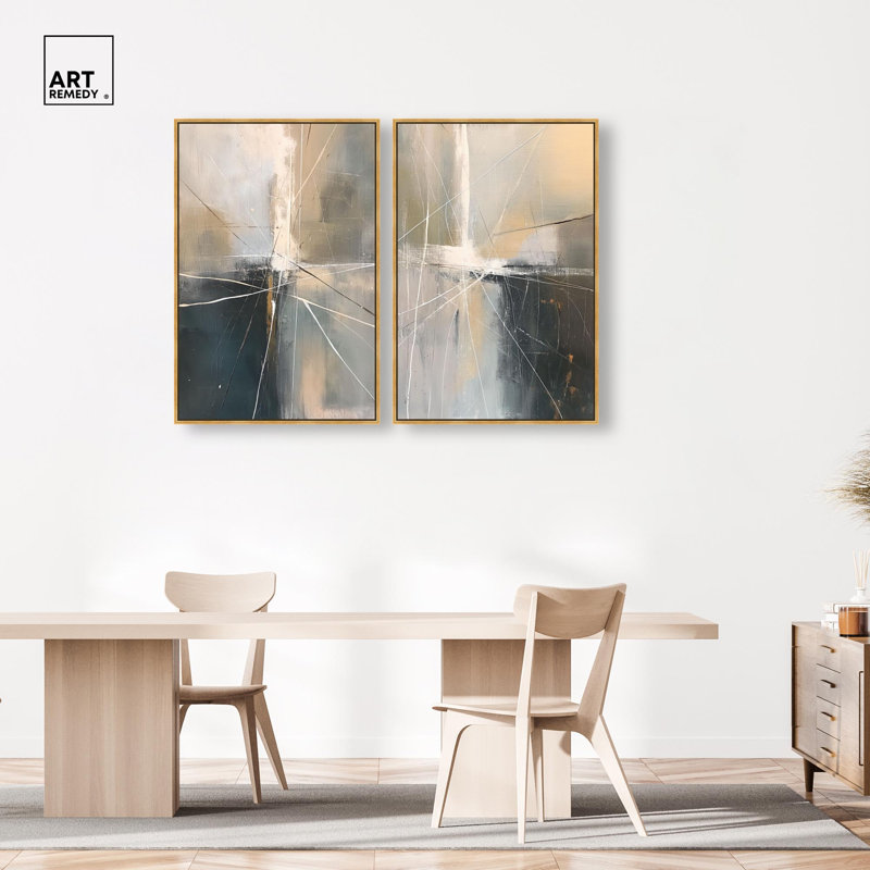 Contemporary Abstract Diptych Canvas Print Gold Boho Wall Decor Set by Art Remedy, White Frame, 36 x 54, 46" H x 31" W