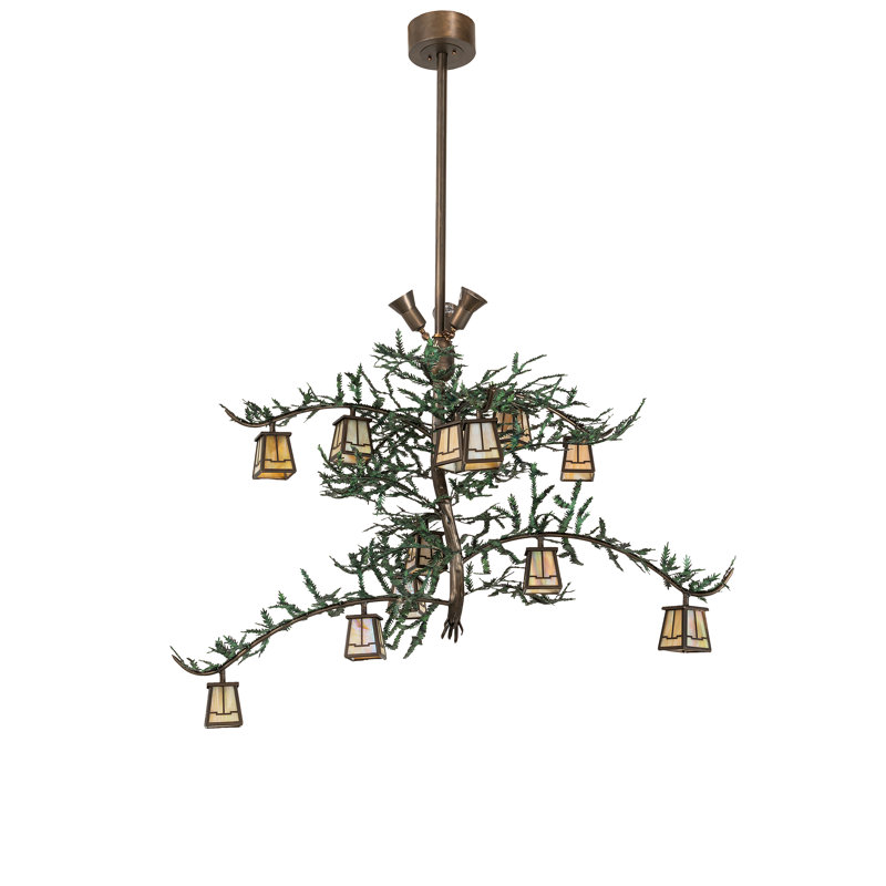 Antique Copper 15-Light Pine Branch Chandelier with Iridescent Glass Shades