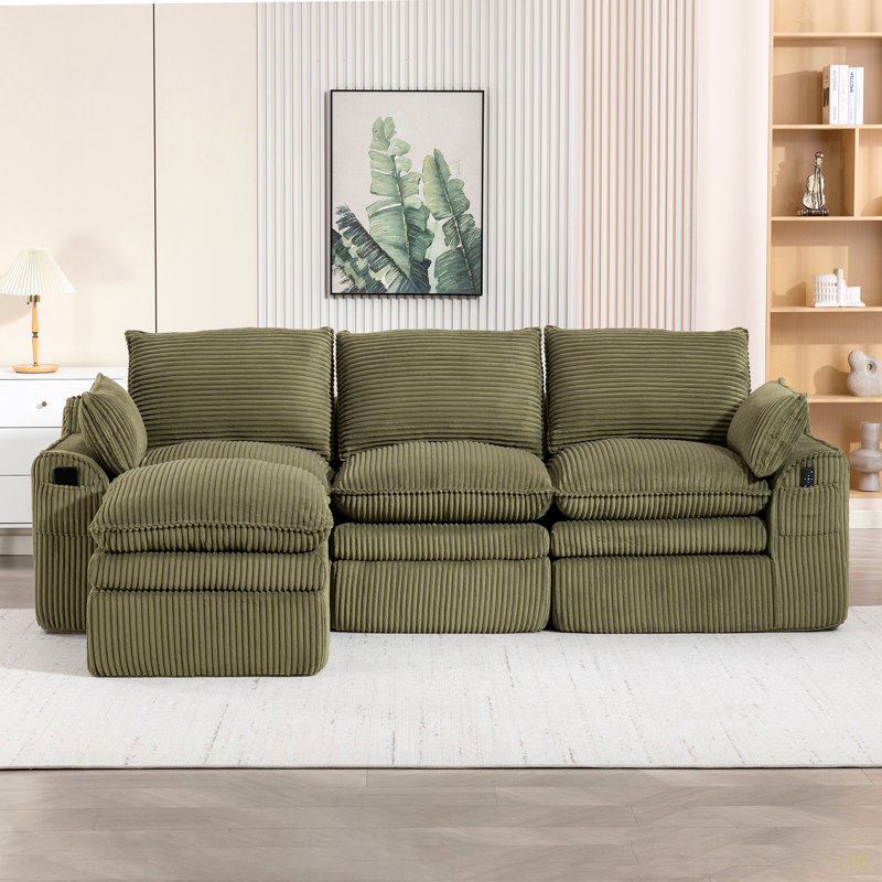Canapé modulaire en L compressé modulaire en L recouvert de velours côtelé rembourré avec dossier sans repose-pieds, trois coussins et deux coussins lombaires, coussins de siège amovibles