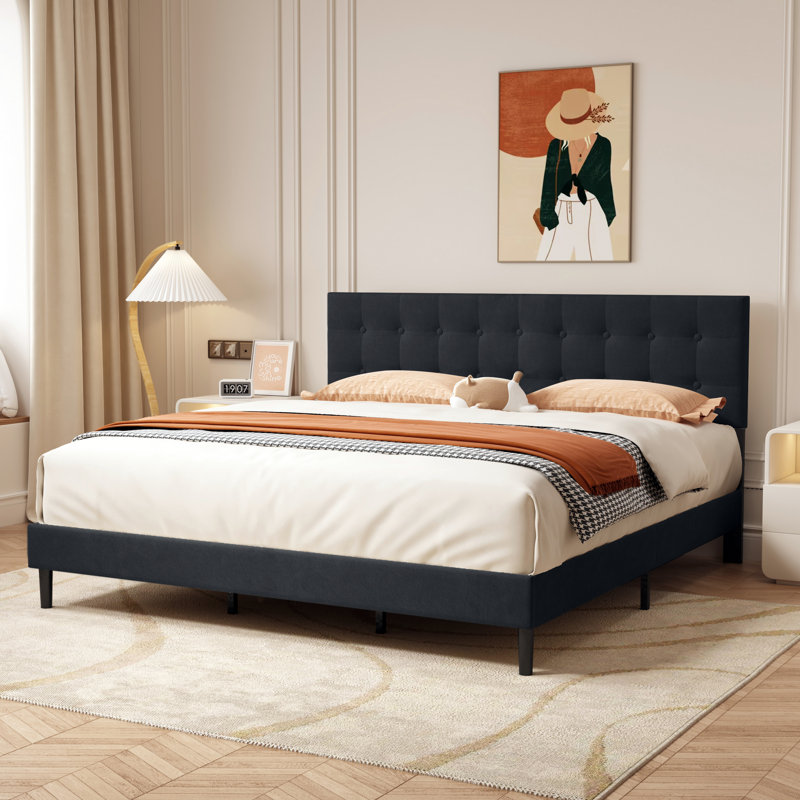 Modern Square Button Upholstered Platform Bed, Black, King